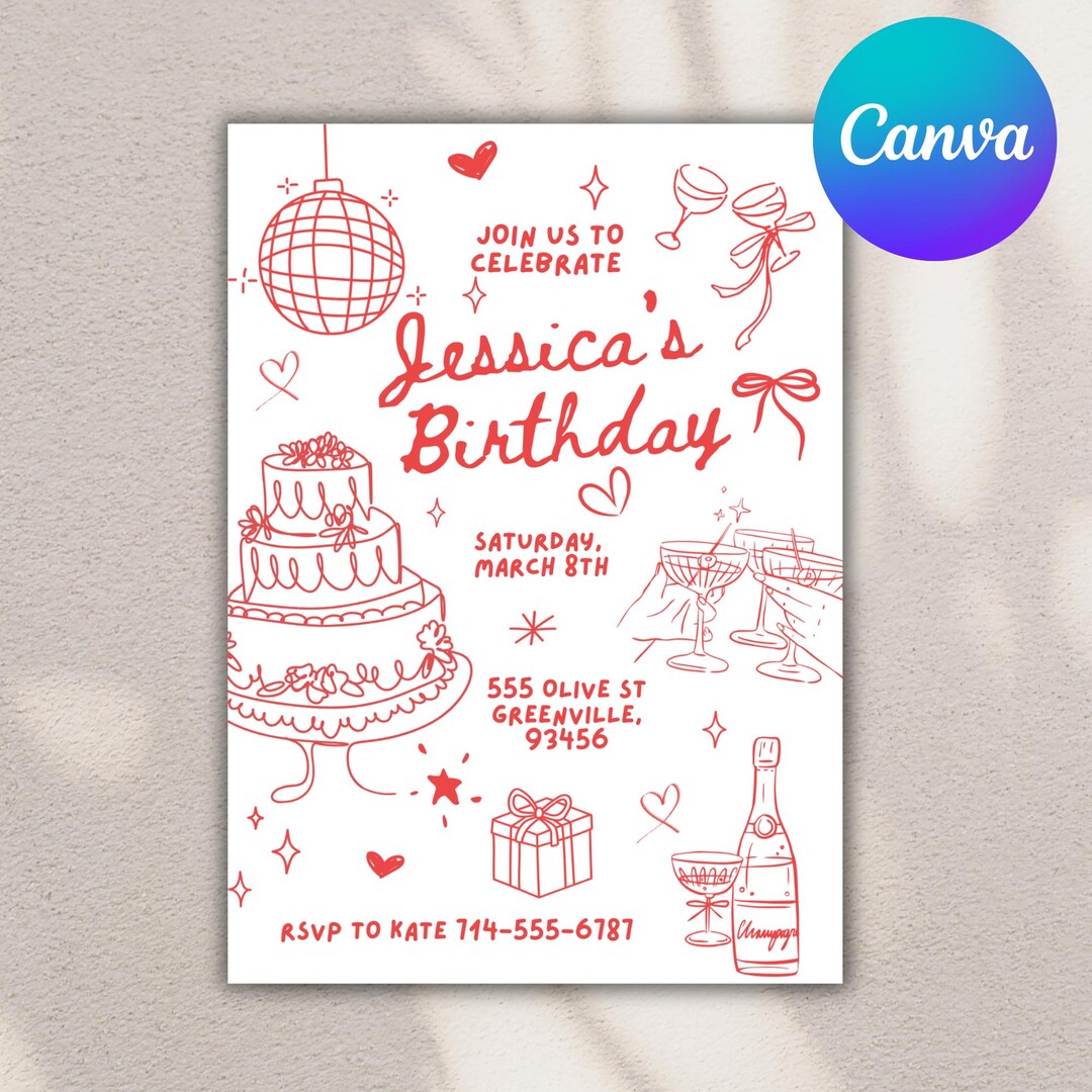 Hand-drawn Birthday Party Invitation: Funky Scribble Design (editable ...