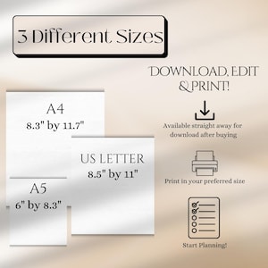 May include: Printable digital download of three different sizes of paper: A4 (8.3 inches by 11.7 inches), US Letter (8.5 inches by 11 inches), and A5 (6 inches by 8.3 inches).  Download, edit, and print in your preferred size.