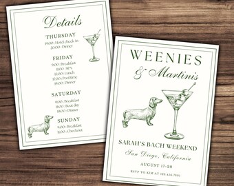 Dachshund Bachelorette Invitation: Weenies & Martinis, Country Club Theme (Editable Canva Template)