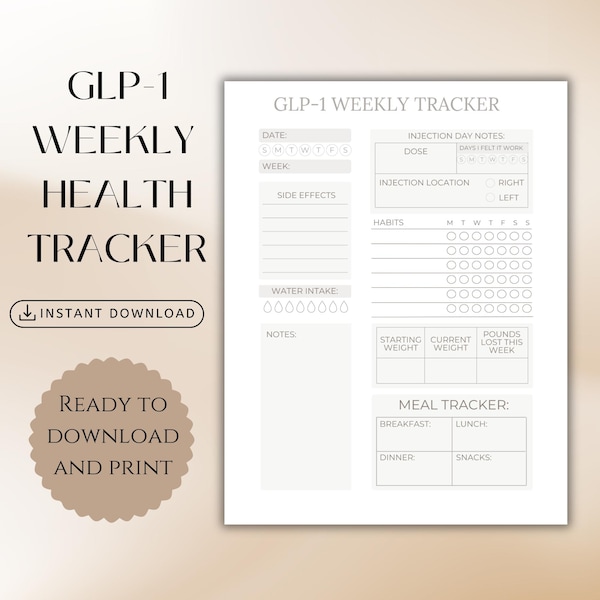GLP-1 Weekly Injection Tracker: Medication & Weight Loss Log (PDF)