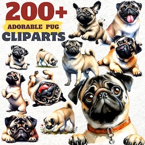 May include: A collection of adorable pug cliparts. The image features various illustrations of pugs in different poses, with a color palette of tan, black, and brown. Text at the top reads "200+ ADORABLE PUG CLIPARTS".