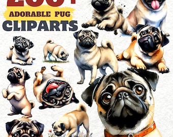 May include: A collection of adorable pug cliparts. The image features various illustrations of pugs in different poses, with a color palette of tan, black, and brown. Text at the top reads "200+ ADORABLE PUG CLIPARTS".