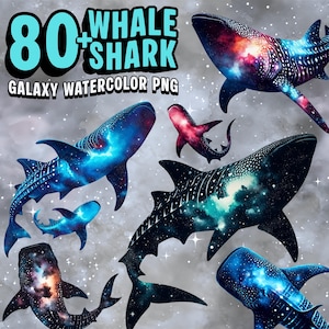 80+ akvarell galaxvalhaj clipartpaket PNG 300DPI (endast digital nedladdning)