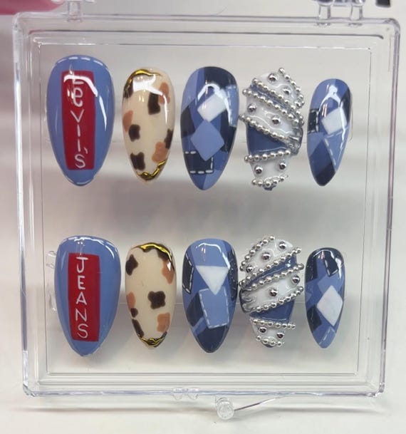Handmade Denim Patchwork Press On Nails: Y2K Concert Nails