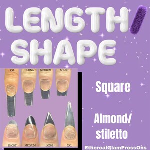 Puede incluir: Gr&aacute;fico morado con las palabras "LENGTH" y "SHAPE" en letras blancas de burbujas. La imagen muestra formas de u&ntilde;as: cuadrada, almendra/estileto, y opciones de longitud de u&ntilde;as: corta, mediana, larga y XXL.