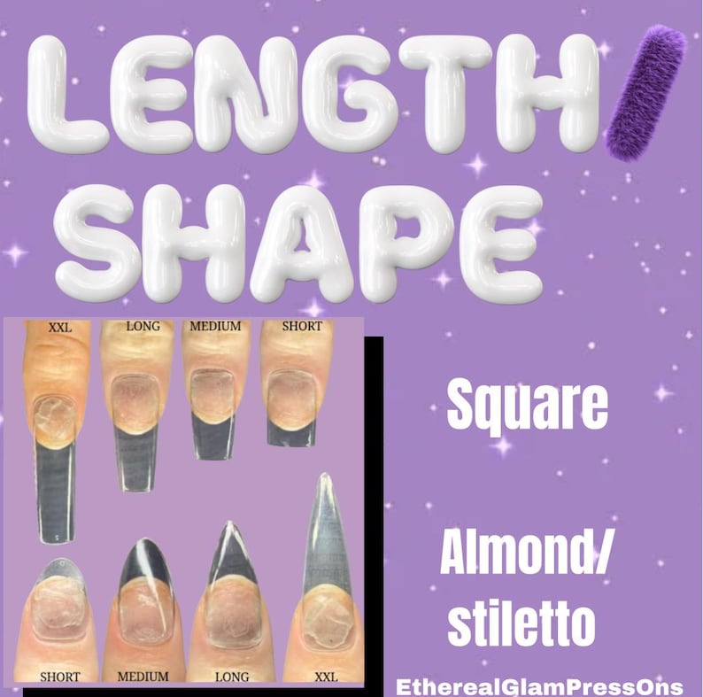 Puede incluir: Gr&aacute;fico morado con las palabras "LENGTH" y "SHAPE" en letras blancas de burbujas. La imagen muestra formas de u&ntilde;as: cuadrada, almendra/estileto, y opciones de longitud de u&ntilde;as: corta, mediana, larga y XXL.