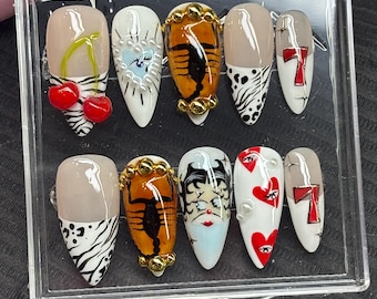 Handmade Betty Boop Press On Nails: Cherry Casino French Tip