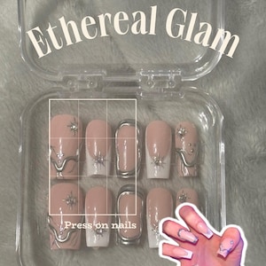 3d Chrome Press On Nails | Swirl French Tip Press On Nail Set | Winter Press On Nails | Rhinestone Press On Nails| Reusable Nails