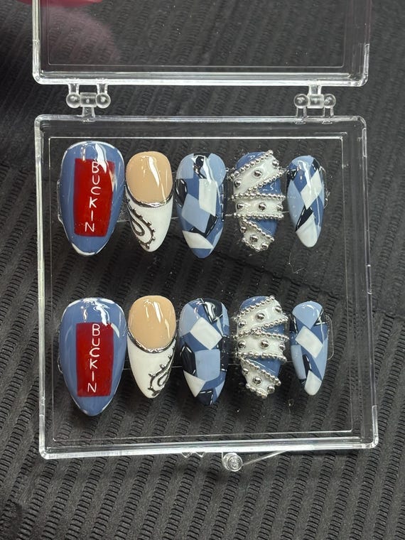 Cowboy Carter Press On Nails: Handmade Denim Patchwork Chrome Nails