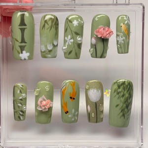 Spring Nails | Sage Nails | Square Press On Nail | Koi Fish press on nails | 3D Flower Nail | Nature Nails | Green Nails | Flower Nails