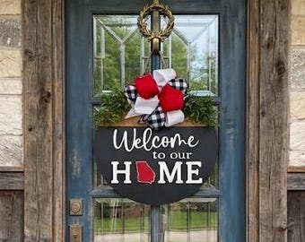 Welcome to Our Home Georgia State 18-Inch Round Wooden Door Hanger | Handcrafted Southern Porch Decor