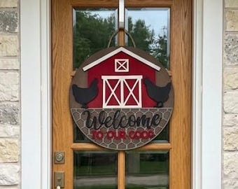 Welcome to Our Coop 18-Inch Round Wooden Door Hanger | Handcrafted Farmhouse Decor