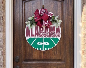 Alabama Roll Tide 18 Inch Door Hanger, Crimson Tide Wreath, Handmade College Football Porch Sign, Game Day Wood Decor, Alabama Fan Gift