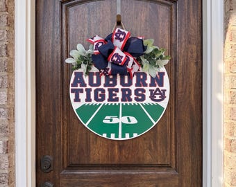 Auburn Tigers Door Hanger | War Eagle Wood Sign | SEC Game Day Front Door Wreath Decor | Navy and Orange College Football Fan Gift