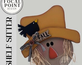 Wooden Scarecrow Shelf Sitter | Hand Painted Fall Tabletop Decor | Rustic Autumn Mantle Sign | Harvest Bookshelf & Desk Decor