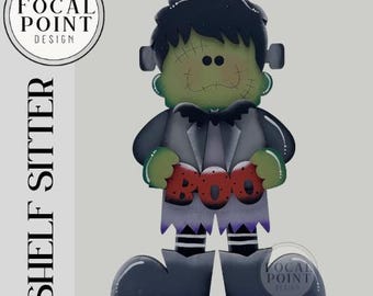 Frankie Halloween Shelf Sitter | Hand Painted Wooden Frankenstein Decor | Spooky Monster Mantle Sign | Cute Halloween Bookshelf & Desk Craft