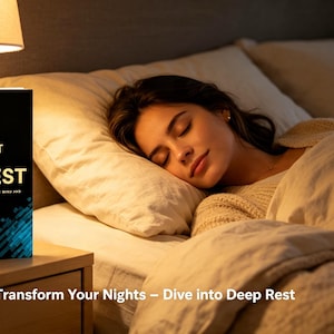 Może przedstawiać: Prostokątna książka zatytułowana The Art of Deep Rest, A Modern Guide to Calming the Mind and Healing Your Sleep autorstwa Seth.H, z czarną okładką, niebieskimi geometrycznymi akcentami i złotym tekstem, stojąca na szafce nocnej.