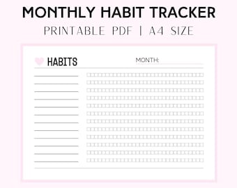 Printable Monthly Habit Tracker | Track 12 Habits per Month | A4 PDF File | Simple & Aesthetic Planner | Cute Pink Monthly Habit Tracker