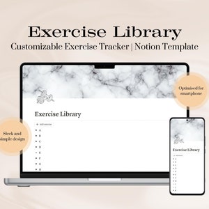 Pode incluir: Uma captura de tela de um laptop e um smartphone exibindo um modelo Notion para uma biblioteca de exercícios. O modelo é intitulado "Exercise Library" e apresenta uma lista de exercícios. O laptop tem um fundo de mármore e o texto "Sleek and simple design" é exibido em um círculo. O smartphone tem um fundo de mármore e o texto "Optimised for smartphone" é exibido em um círculo.