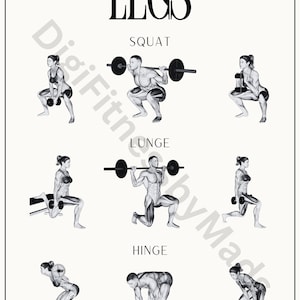 May include: A black and white illustration of a workout routine for legs. The illustration shows three different exercises: squat, lunge, and hinge. Each exercise is shown with a person using a barbell or dumbbells.