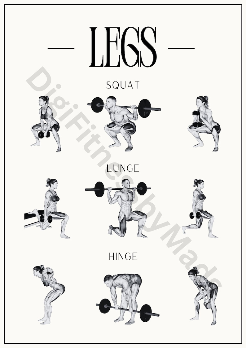 May include: A black and white illustration of a workout routine for legs. The illustration shows three different exercises: squat, lunge, and hinge. Each exercise is shown with a person using a barbell or dumbbells.