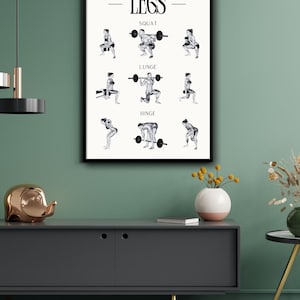 May include: A black and white illustration of a workout poster with the word "LEGS" in large letters at the top. The poster shows three different exercises: squat, lunge, and hinge. Each exercise is illustrated with a person using a barbell or dumbbells.