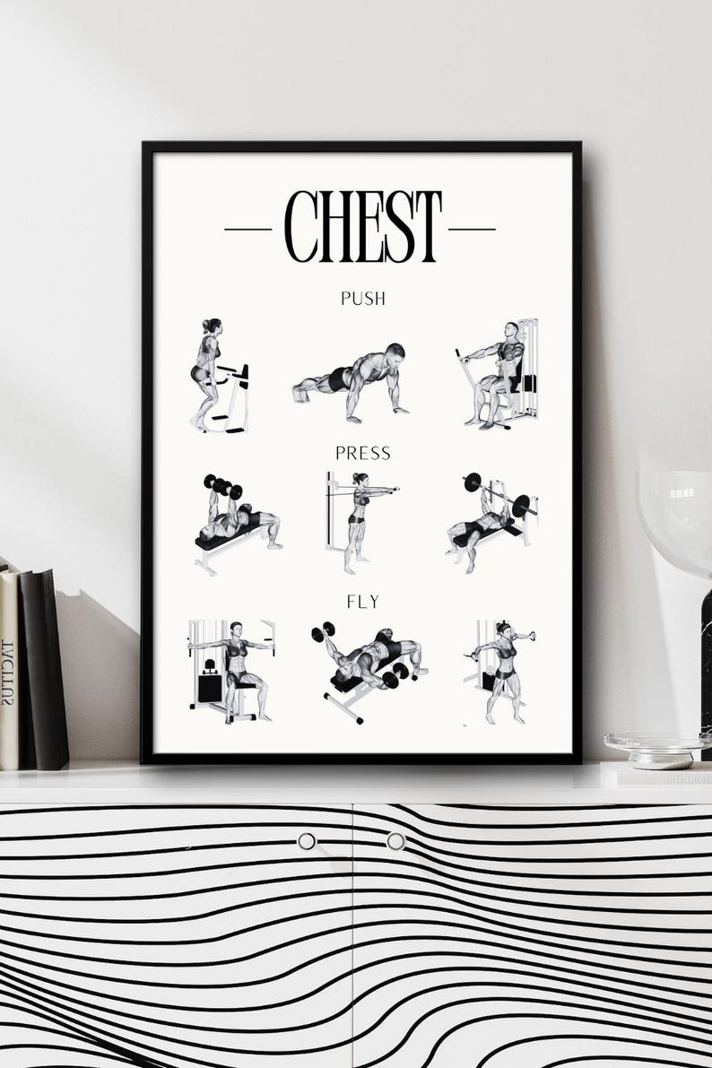 May include: A black and white printable poster with illustrations of different chest exercises. The poster is titled "CHEST" and includes the categories "PUSH", "PRESS", and "FLY".