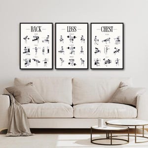 May include: Three black and white printable workout posters with the words "Back", "Legs", and "Chest" at the top. Each poster shows a series of exercises with a stick figure demonstrating each move.