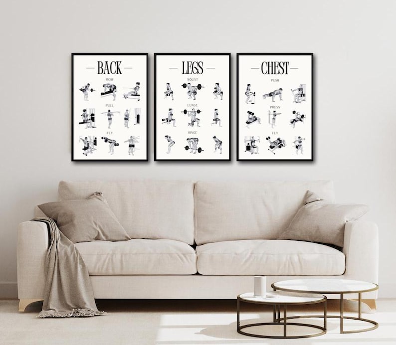 May include: Three black and white printable workout posters with the words "Back", "Legs", and "Chest" at the top. Each poster shows a series of exercises with a stick figure demonstrating each move.