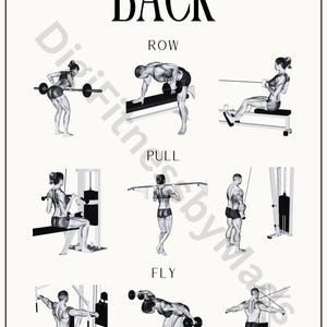 May include: A black and white illustration of different back exercises. The exercises are labeled "ROW", "PULL", and "FLY".