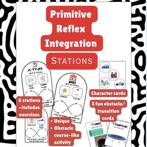 Puede incluir: Tarjetas educativas para la integración de reflejos primitivos. Las tarjetas incluyen ejercicios, estaciones, tarjetas de personajes y actividades tipo circuito de obstáculos. El texto de las tarjetas incluye "ATNR STATION", "MORO STATION" y "TRAMPOLINE".