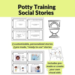 Może przedstawiać: Obraz promujący "Potty Training Social Stories". Zawiera ilustrowane karty z tekstem i obrazami, a także tekst "2 konfigurowalne, spersonalizowane historie" i "Zawiera gotowe lub stwórz własne pomoce wizualne".