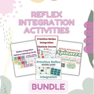 Op de afbeelding: Een bundel educatief materiaal voor reflexintegratie-activiteiten. De afbeelding toont verschillende items, waaronder geheugenkaarten, hindernisbanen, spinners en een bordspel. De tekst bevat "Reflex Integration Activities" en "Bundle". Het kleurenschema is voornamelijk roze en wit.