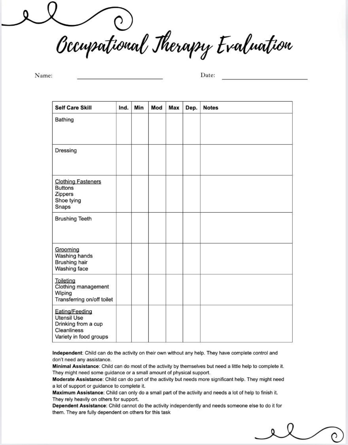 Occupational Therapy Evaluation Forms Template Tables Self Care ...