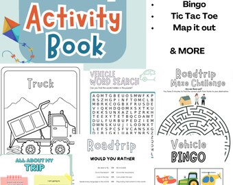 May include: A colorful printable activity book for kids on a road trip. The book includes coloring pages, word searches, scavenger hunts, would you rather, bingo, tic tac toe, map it out, and more. The cover features a cartoon truck and helicopter.