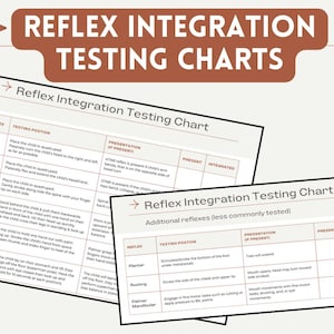 May include: Two printable charts for testing reflex integration in children. The first chart lists common reflexes such as ATNR, STNR, Spinal Galant, Moro, and TLR. The second chart lists additional reflexes such as Plantar, Rooting, and Palmar Mandibular.