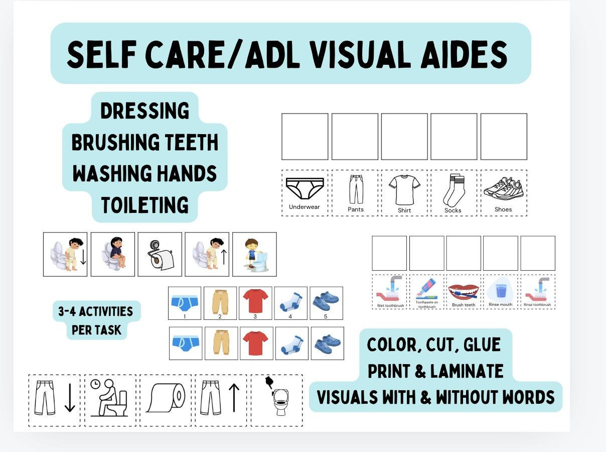 Self Care ADL OT Visual Aide Activities *occupational Therapy* Dressing, Toileting, Washing Hands, & Brushing Teeth Sequencing Visual Aides - Etsy for Adl Sequencing Cards Printable Free