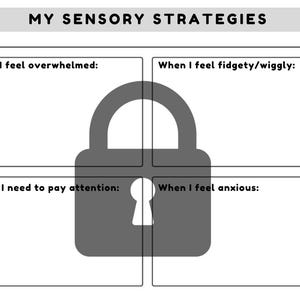 May include: A printable worksheet with the title "My Sensory Strategies". The worksheet is divided into four sections with the headings "When I feel overwhelmed", "When I feel fidgety/wiggly", "When I need to pay attention", and "When I feel anxious".