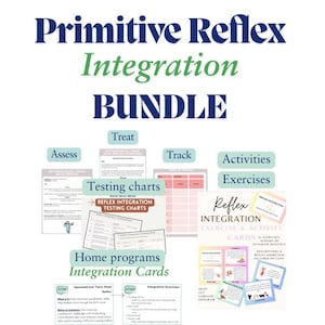 Puede incluir: Un conjunto de materiales educativos titulado "Primitive Reflex Integration". La imagen presenta varios gráficos, tarjetas y hojas de trabajo para evaluar, rastrear y tratar los reflejos. El texto incluye "Testing charts", "Home programs" y "Activities Exercises."