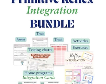 May include: A bundle of educational materials titled "Primitive Reflex Integration." The image features various charts, cards, and worksheets for assessing, tracking, and treating reflexes. The text includes "Testing charts," "Home programs," and "Activities Exercises."