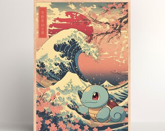 Squirtle Anime Poster – The Great Wave Inspired Digital Art – Japanese Style Wall Print – Instant Download