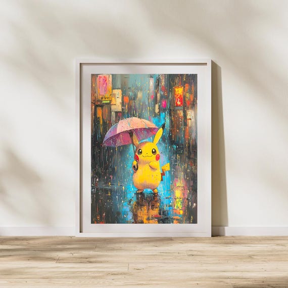 ピカチュウポスター – 油絵風 – 傘をさした雨の夜 – ポケモンデジタル