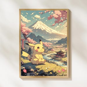 Kawaii Pikachu Wall Art – Japanese Digital Poster with Sakura & Mount Fuji – Otaku Gamer Room Decor – Instant Download