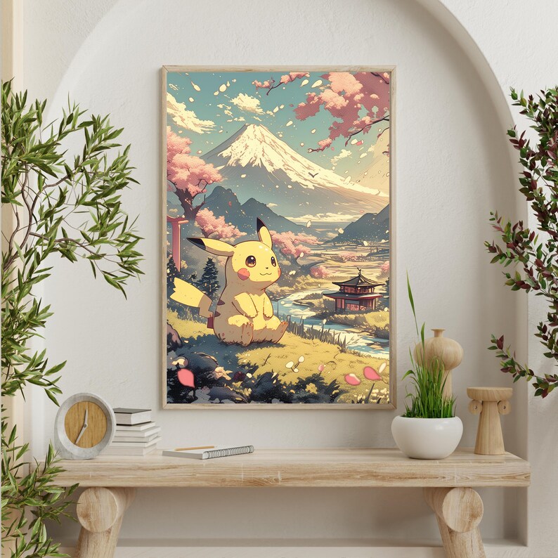 Kawaii Pikachu Wall Art – Japanese Digital Poster With Sakura & Mount ...