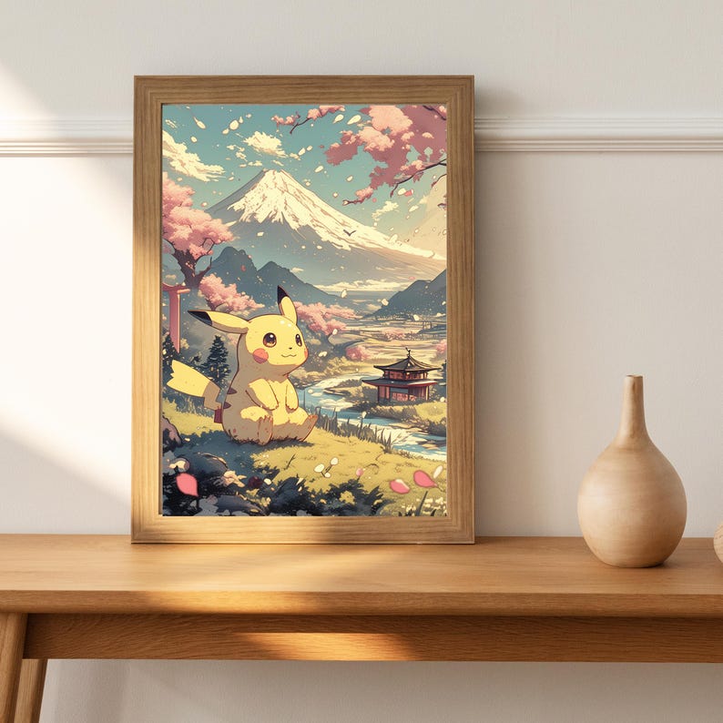 Kawaii Pikachu Wall Art – Japanese Digital Poster With Sakura & Mount ...