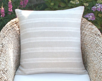 Kate Forman White Stripe Linen Cushion Cover - UK Designer White & Natural Linen Woven Ticking Stripe - 20 x 20, 16 x 16