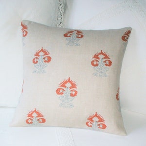 Kate Forman Iona Orange Cushion Cover, UK Designer Linen, Indian Block Print Design, 16 x 16 image 2