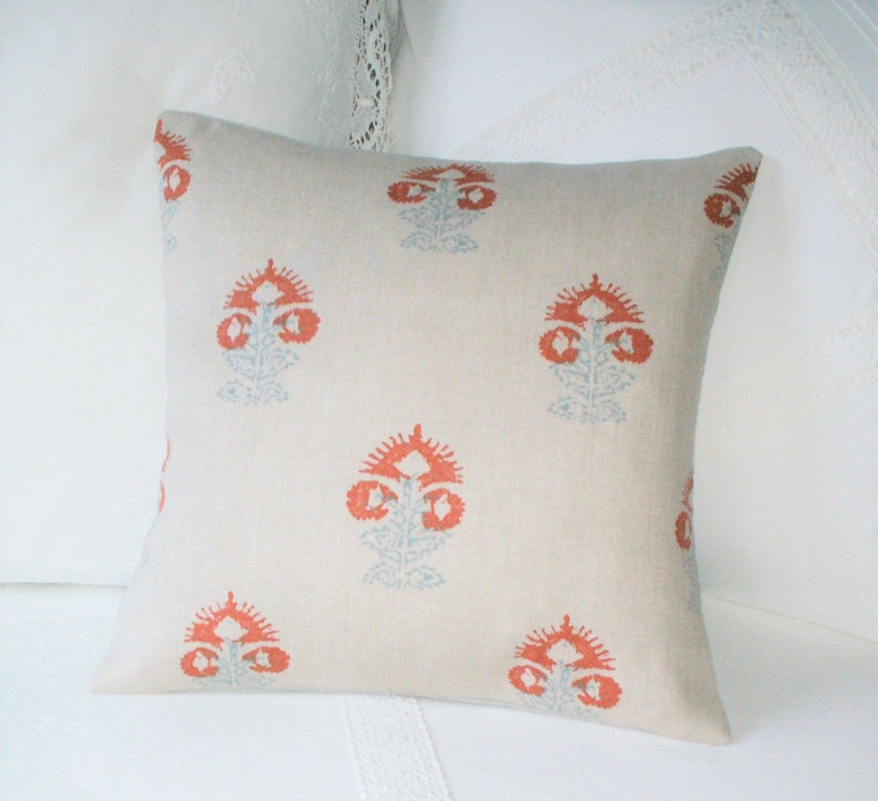 Kate Forman Iona Orange Cushion Cover, UK Designer Linen, Indian Block Print Design, 16 x 16 image 2