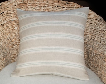 Kate Forman Duck Egg Stripe Cushion Cover - UK Designer - Natural Linen Ticking Stripe  16 x 16