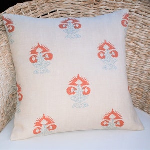 Kate Forman Iona Orange Cushion Cover, UK Designer Linen, Indian Block Print Design, 16 x 16 image 1